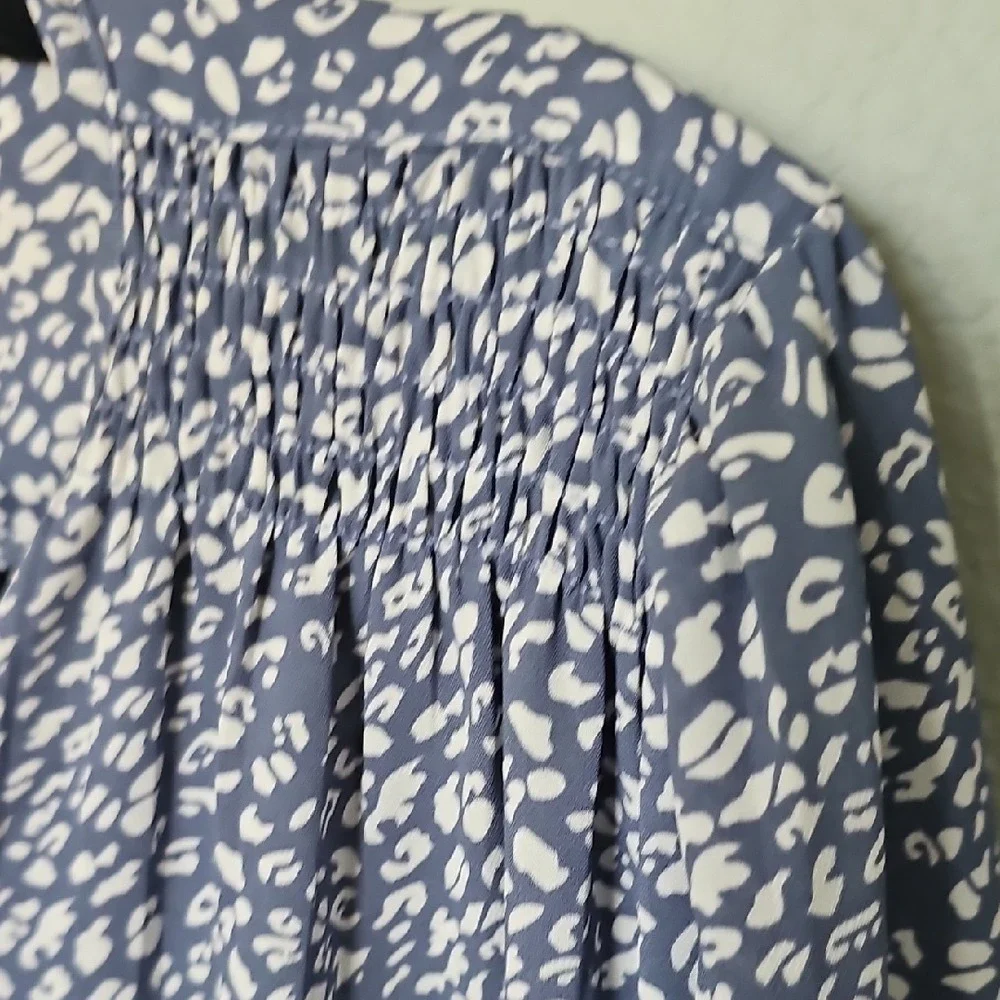 Monday Fun Stitch Fix Feminine Office Blue Patterned XXL Tie Sleeve Blouse Top